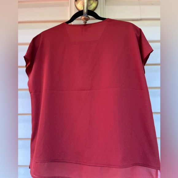 DKNY fire-red/orange sleeveless double V-neck blouse, sheer hemline, NWT, Small - Picture 9 of 9